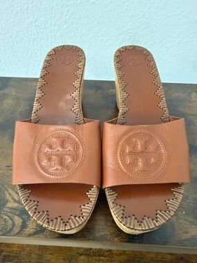 Tory Burch Cognac Leather Slide Sandals with Embossed Logo